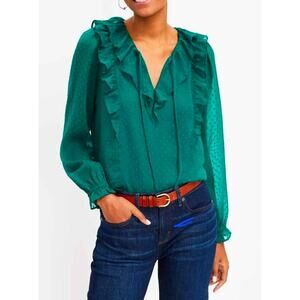 LOFT Emerald Green Swiss Dot Ruffle Tie Neck V-Neck Blouse Top‎ Women's M